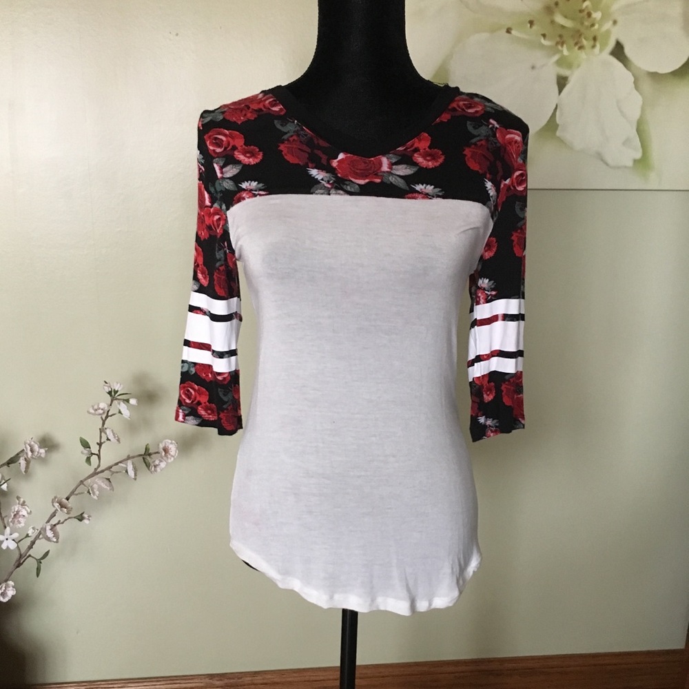 White Top with Red Floral Accent